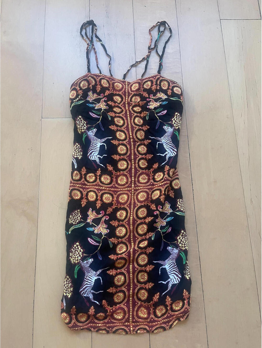 Women’s Boho Sundress Size Small S Black Multicolor Safari Animal Print Zebra